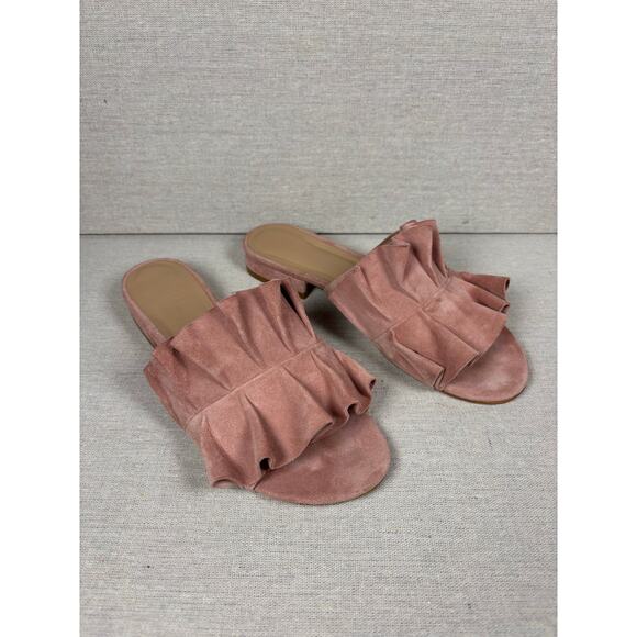 ABLE Local + Global Shoes - Able Womens Villanueva Ruffle‎ Slide pink Suede Size 8 Slip On Sandals